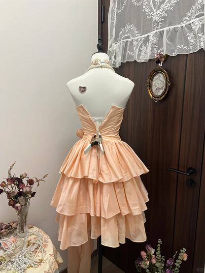 Pink tube top waist slim cake skirt homecoming dress R4305