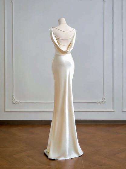 Champagne-colored satin fitted backless bodycon long ball gown R8161