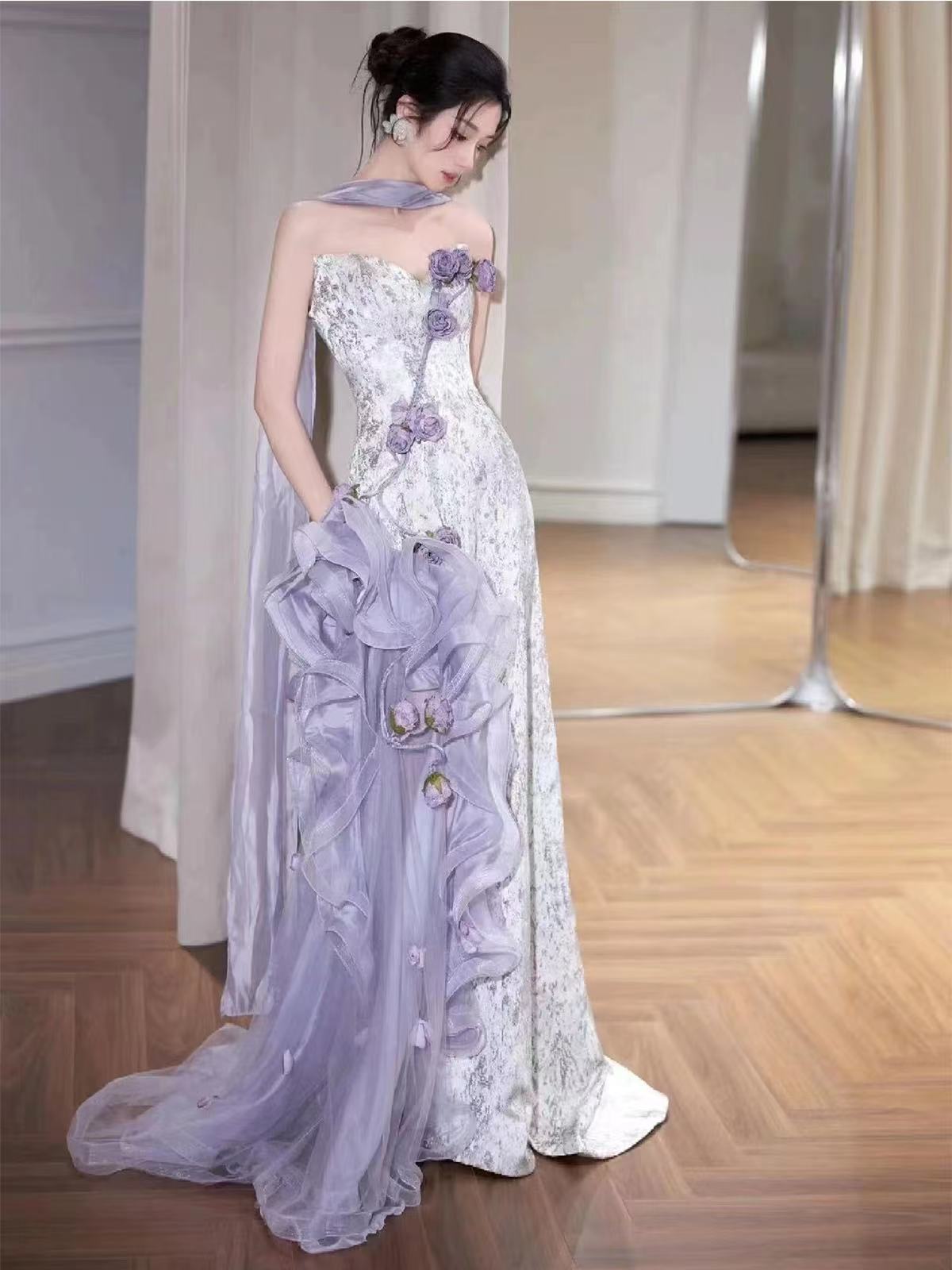 Lilac Strapless Long Prom Dresses Vintage Formal Evening Dress  fg7589