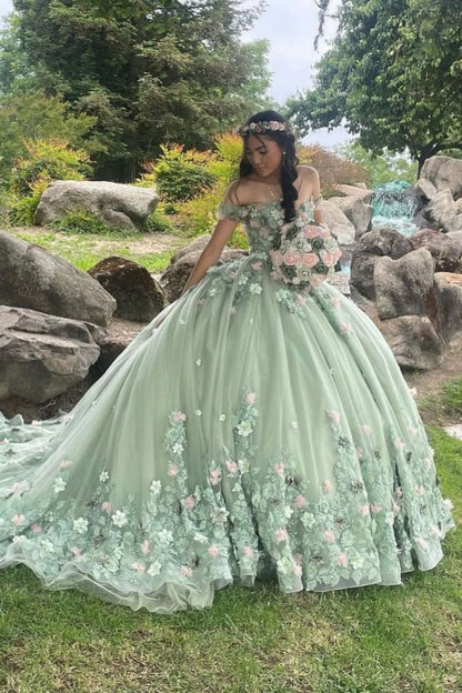 Sage Green Quinceanera Dress Off Shoulder Applique Lace Beaded Tulle Ball Gown for Sweet 16 & 15