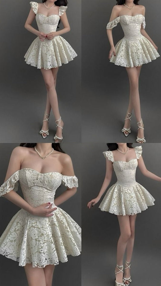 A Line White Lace Off Shoulder Short Evening Dress Cocktail Dresses Short Party Dress   fg7881