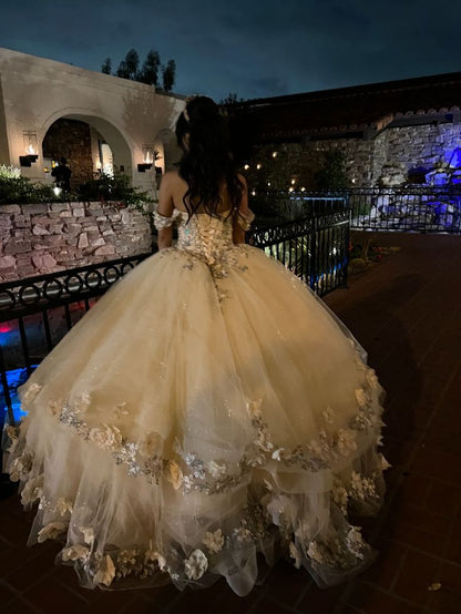 Champagne Quince Dress with Flowers Sweet 16 Dresses Off the Shoulder Ball Gown