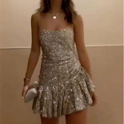 Vintage Sheath Strapless Layered Ruffle Mini Dresses Sequin Homecoming Dress   fg7921
