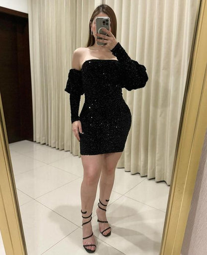 Elegant Black Sequin Sheath Homecoming Dress Short Party Gown With Sleeves