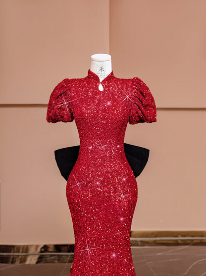 Red puff-sleeved, fitted waist, bodycon, sexy long ball gown/bridal dress R8392