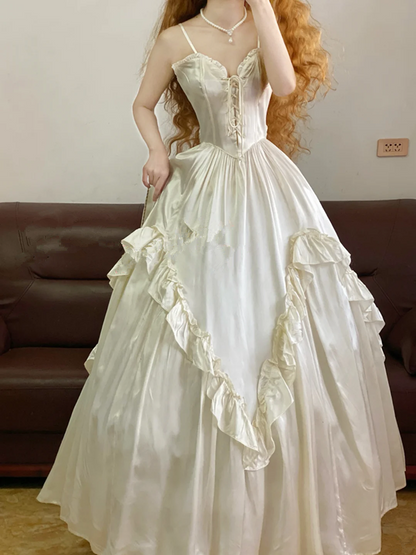 White Spaghetti-Strap Waist-Cinched Puffy-Hem Ball Gown, Bridal Gown R7320