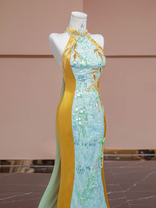 Light blue and yellow spliced cheongsam sexy long ball gown R8335