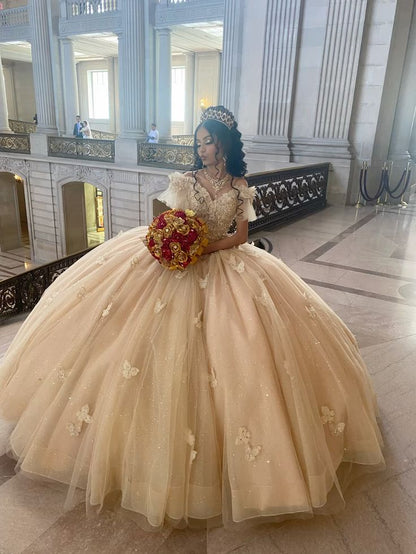 Champagne Quinceanera Off Shoulder Sweet 16 Applique Party Ball Gown     S7228