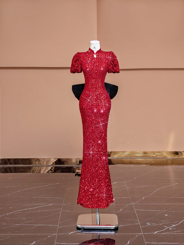 Red puff-sleeved, fitted waist, bodycon, sexy long ball gown/bridal dress R8392