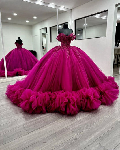 Princess Quinceanera Dresses Tiered Ruffles Appliques Sweet 16 Ball Gowns