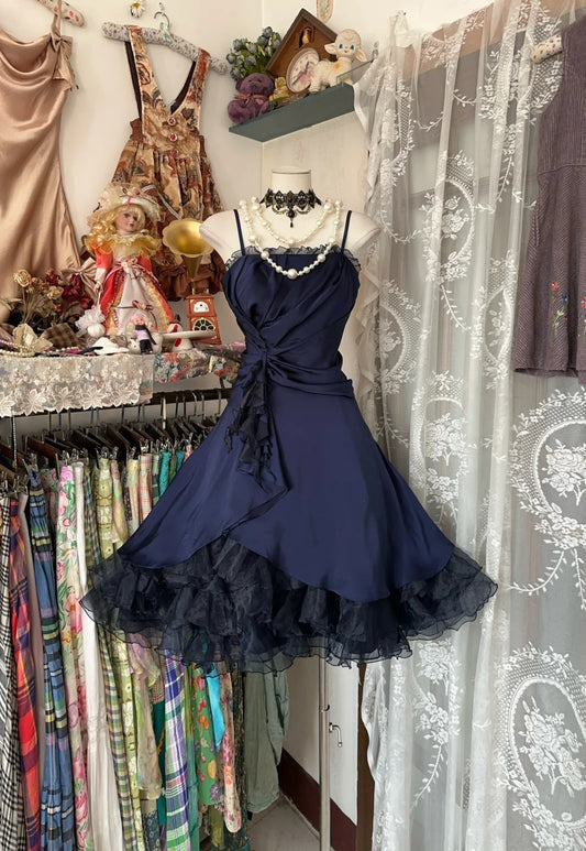 A Line Navy Blue Birthday Outfit Short Evening Dress Vintage Short Party Dress Homecoming Dress  fg8035