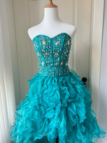 New Homecoming Dress Sweetheart Rinestone Cascade Hi-Lo Back to School Outfits Party Dress  D6485