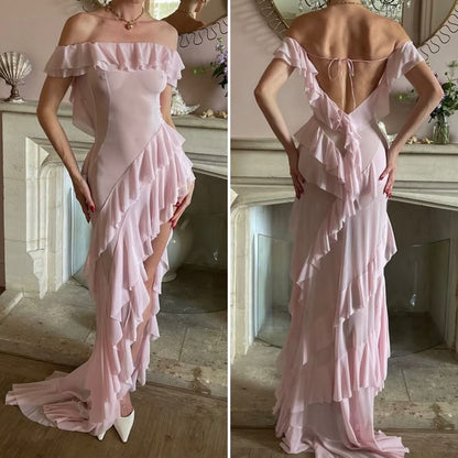 Off shoulder irregular dress for women elegant sexy evening ruffle party dress     S7073