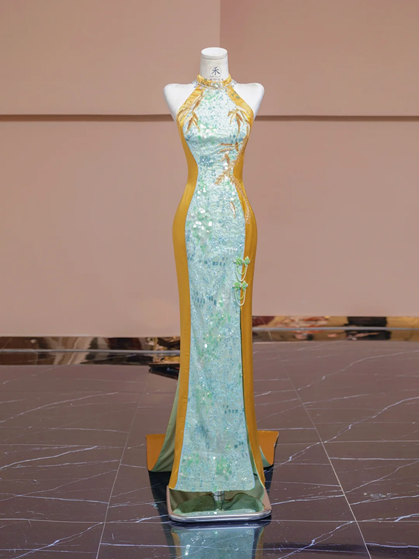 Light blue and yellow spliced cheongsam sexy long ball gown R8335