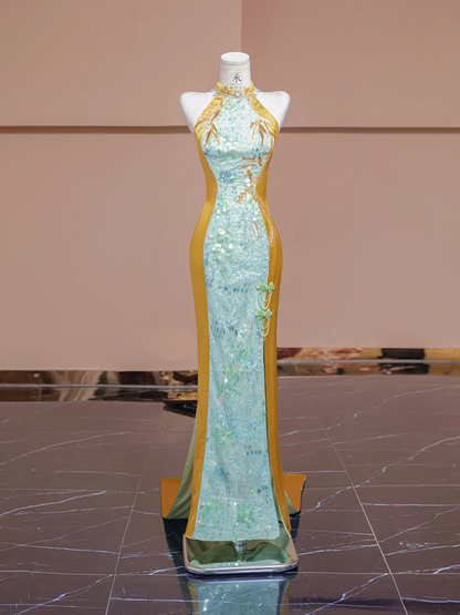Light blue and yellow spliced cheongsam sexy long ball gown R8335