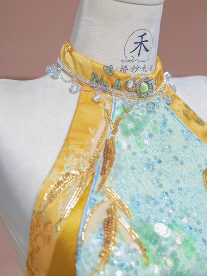 Light blue and yellow spliced cheongsam sexy long ball gown R8335