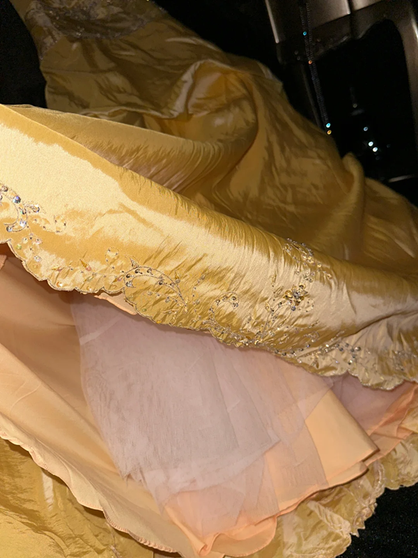 Gold strapless cinched waist ball gown R6966