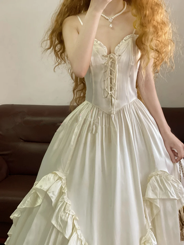 White Spaghetti-Strap Waist-Cinched Puffy-Hem Ball Gown, Bridal Gown R7320