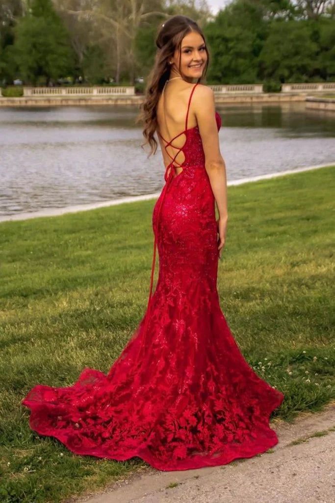 Burgundy Mermaid Lace Sequins Prom Dress     S5059