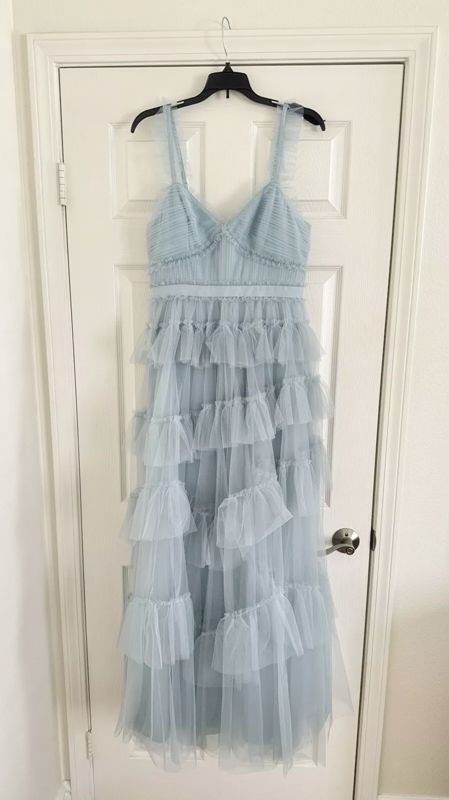Sweet Light Blue Tulle Prom Dresses,Ruffles Pleated Baby Blue Evening Formal Gown        S2975