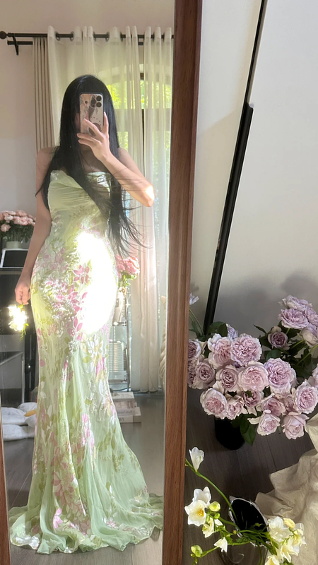 Light green, fresh and elegant halter-neck, fitted, bodycon long ball gown R7753