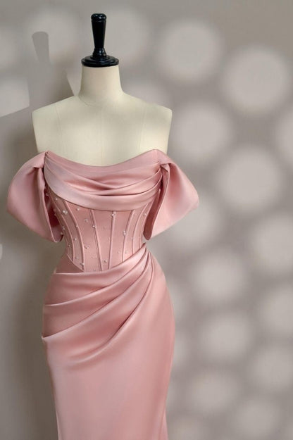 Long Pink Satin Prom Dress Off Shoulder Prom Dress Evening Party Gowns