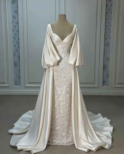 Luxury Wedding Dresses Ivory Satin Lace A line Bridal Gowns
