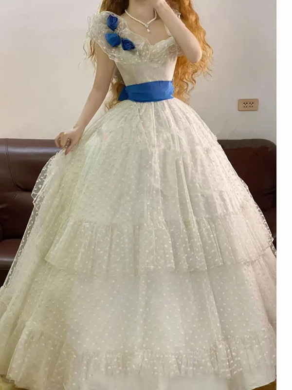 White Polka-Dot Ruffled Neckline Waist-Cinched Puffball Skirt Ball Gown, Bridal Gown R7338
