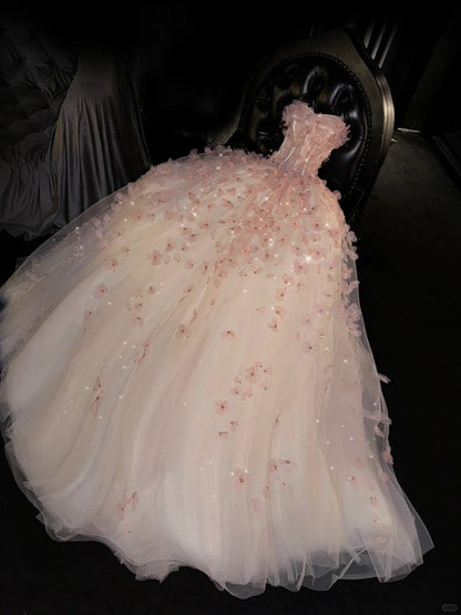 A Line Tulle Strapless Long Stunning Vintage Evening Gown Prom Dress       S7263
