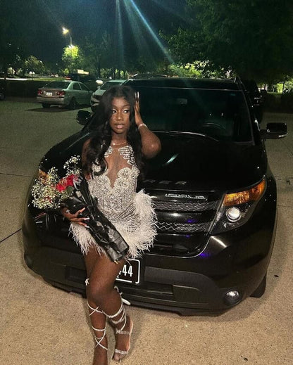Women's White Short Prom Dress Crystal Beaded Sparkly Birthday Party Dress Homecoming Dress   fg8095