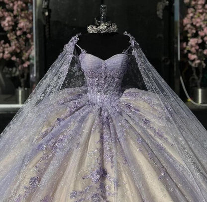 Light Purple Quinceanera Dressess with Cape Luxury Butterfly Applique Sweet 16 Ball Gown