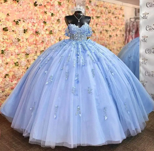 Sparkly Sky Blue Quinceanera Dress Ball Gown Appliques Beading Sequins Sweet 15 16 Dress