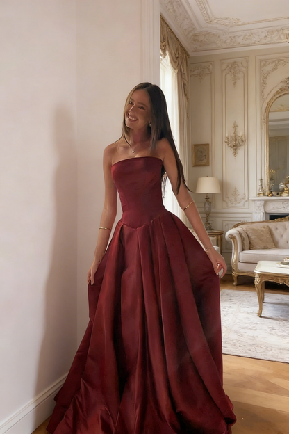 Classy Burgundy Strapless Satin Pleated Long Evening Dress Formal Wedding Guest Dress SP1732