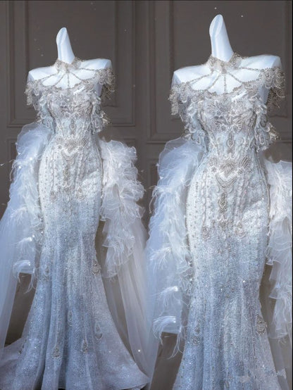 Elegant Mermaid Sweetheart Tulle Lace Long Wedding Dresses     S7258
