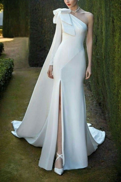 One Shoulder Mermaid Wedding Dresses Side Split Satin Long Bridal Gowns Elegant White Ivory Bride Reception Dress        S7056