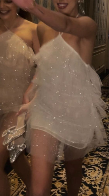 Shinny Tulle Short Prom Dress Chic Evening Gown