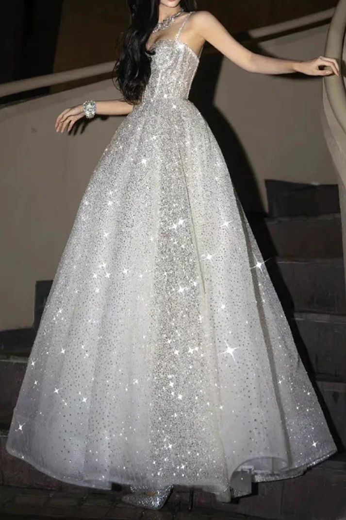 Glitter Spaghetti Straps Tulle Silver Sequin A Line Birthday Party Dress Long Evening Dress Prom Gown