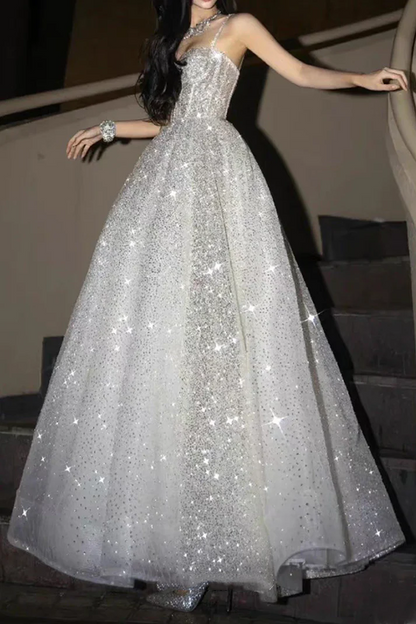 Glitter Spaghetti Straps Tulle Silver Sequin A Line Birthday Party Dress Long Evening Dress Prom Gown