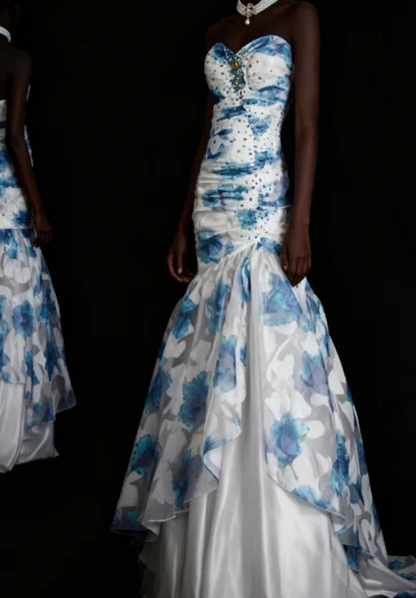 Elegant Sweetheart Neck Blue Tulle Print Floral Mermaid Long Prom Dresses Birthday Party Dress  D1516