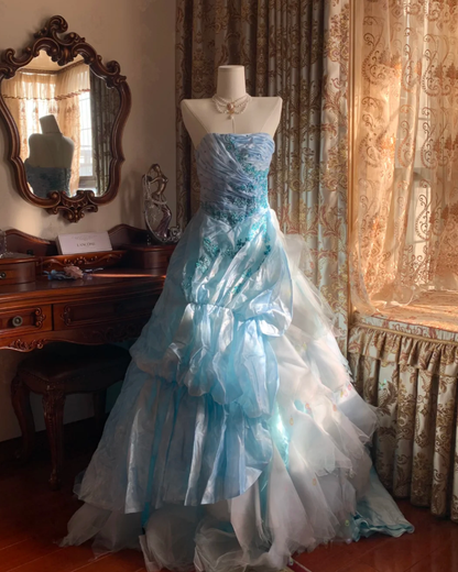 Elegant Blue Strapless Tulle Satin Appliques Long Party Dress Birthday Prom Gown
