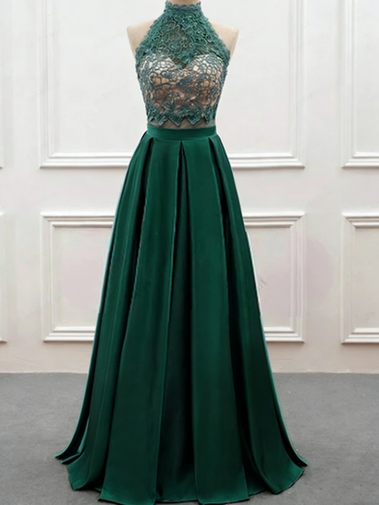 A Line High Neck Prom Dress Backless Two Pieces Formal Evening Dresses Gala Gown M2571