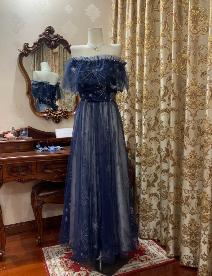 Glamorous Off The Shoulder Tulle A Line Long Wedding Guest Dress Navy Blue Birthday Prom Dress Evening Gown SP1609