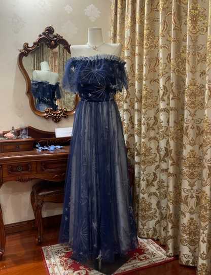 Glamorous Off The Shoulder Tulle A Line Long Wedding Guest Dress Navy Blue Birthday Prom Dress Evening Gown SP1609