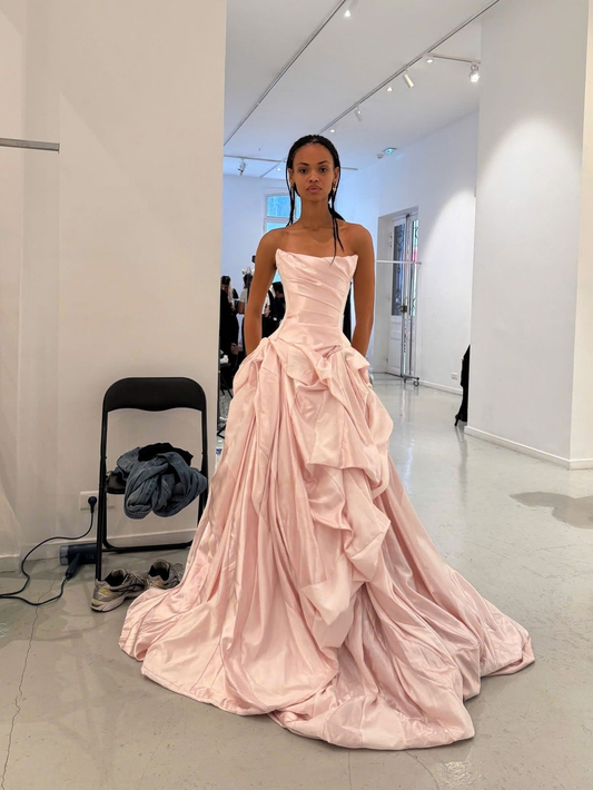 Stylish Strapless Satin Pleated Mermaid Party Dress Pink Long Birthday Prom Dress SP498