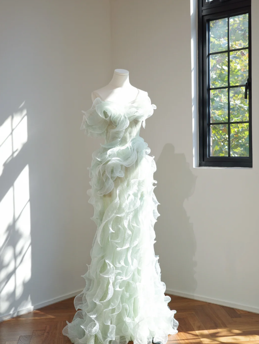 Chic Mint Green Strapless Sequin 3D Tulle Ruffles Mermaid Long Evening Dress Party Gown