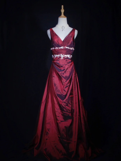 Vintage Burgundy V Neck Satin Embroidery Floral Mermaid Long Wedding Guest Dress Formal Birthday Evening Gown