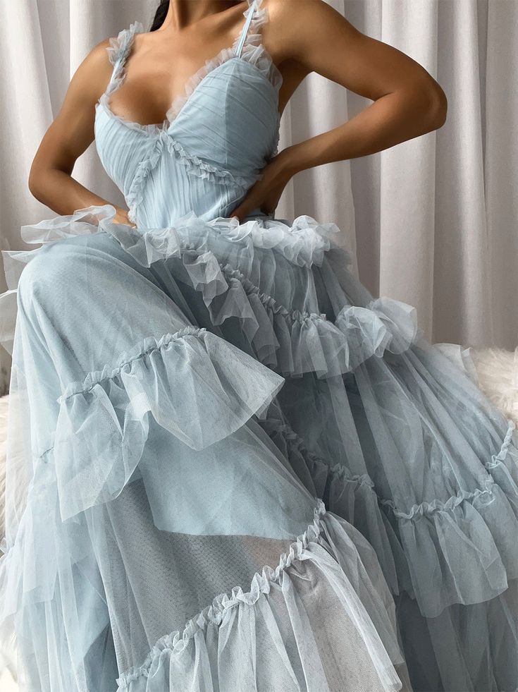 Sweet Light Blue Tulle Prom Dresses,Ruffles Pleated Baby Blue Evening Formal Gown        S2975
