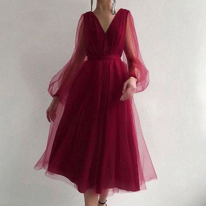 Graduation dress Short A Line Prom Dresses V Neck Long Puff Sleeve Tulle Formal Wedding Evening Party Dresses For Graduation    fg2856
