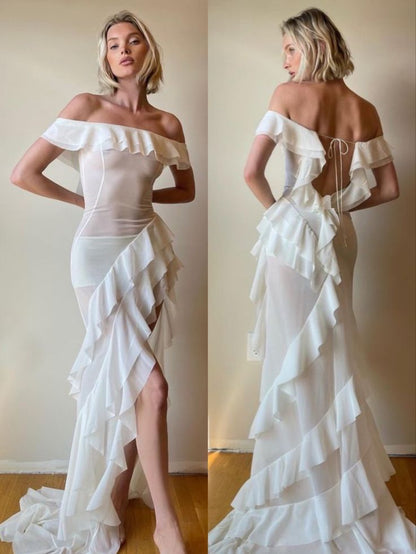 Off shoulder irregular dress for women elegant sexy evening ruffle party dress     S7073