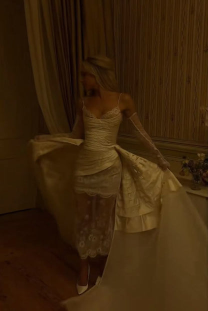 Elegant Spaghetti Strap Satin Lace Wedding Dress Bridal Gown